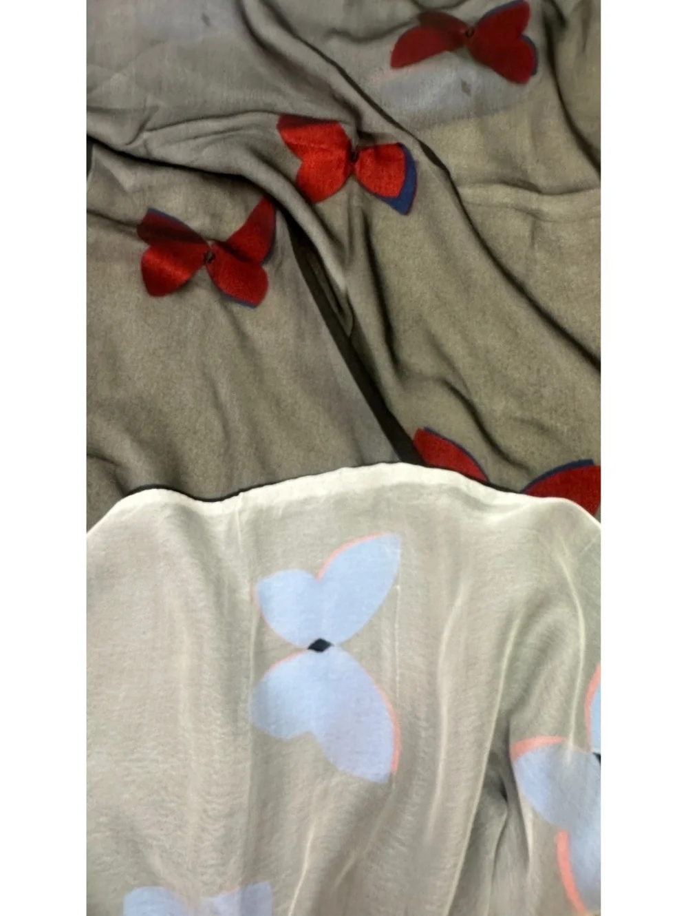 Two Layer 100% Silk Scarf Trapped Butterflies 20x65 Wrap Cover Up Blue & Red